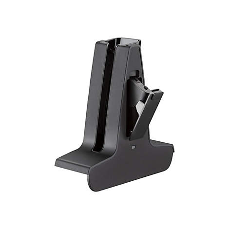 Schwarze Ladestation. Vertikale Form, leicht gewölbt. Klappe zum Öffnen. Detail: Einrastmechanismus.