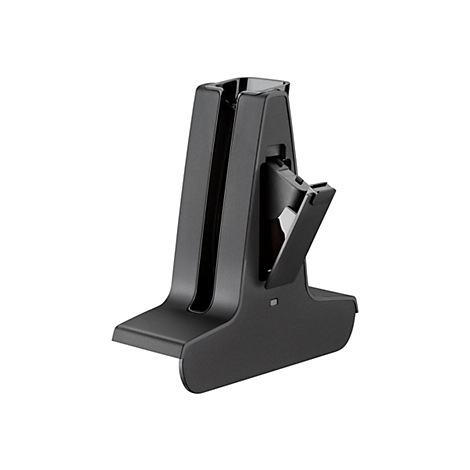 Schwarze Ladestation für ein elektronisches Gerät, mit geöffneter Klappe und glänzenden Oberflächen.