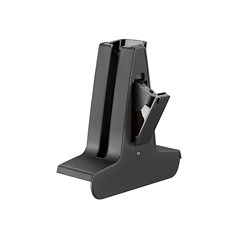 Schwarze Ladestation für ein elektronisches Gerät, detailreich und vor weißem Hintergrund.