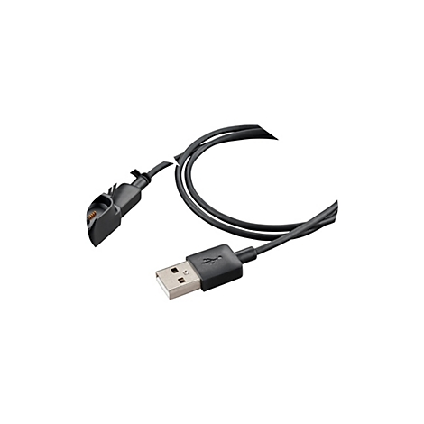 Ein schwarzes USB-Ladekabel mit Stecker und Ladestation, vor weißem Hintergrund.