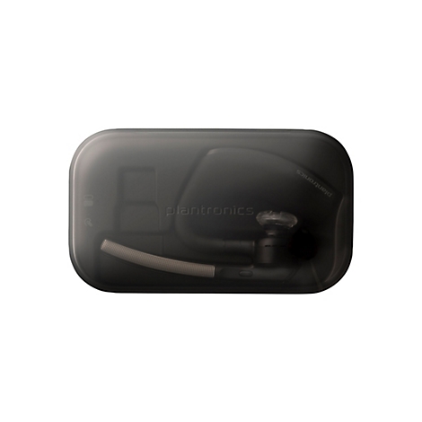 Schwarzes Plantronics Bluetooth-Headset in einer transparenten Hülle, gegen weißen Hintergrund.