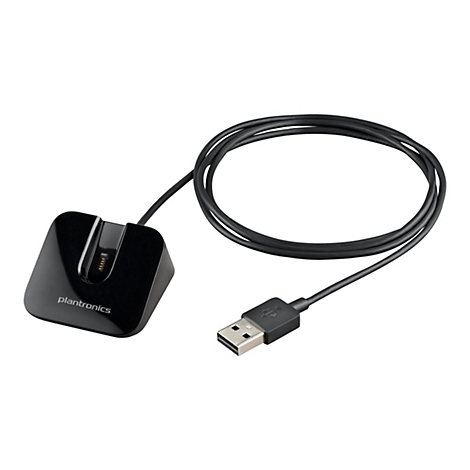 Schwarze Ladestation mit USB-Kabel. Auf der Basis steht "plantronics".