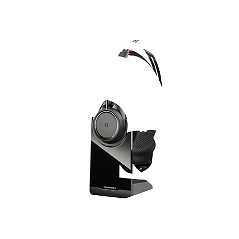 Schwarzes Headset mit Ständer vor weißem Hintergrund. Teile des Headsets sind schematisch abgebildet.