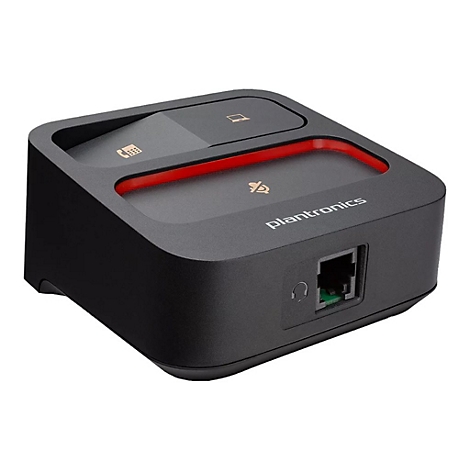Schwarzes Plantronics-Gerät mit Telefon-, Mikrofon- und Laptop-Symbolen. Roter Streifen. Anschluss für Kopfhörer und Ethernet-Kabel.