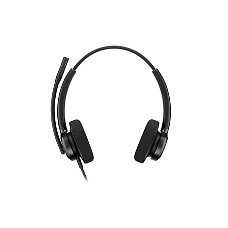 Schwarzes Headset, detailreiche Nahaufnahme. Gepolsterte Ohrhörer, Mikrofonarm, Kabel, weißer Hintergrund.