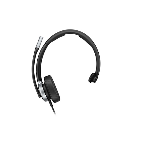 Schwarzes Headset auf weißem Hintergrund. Der Bügel verläuft über dem Kopf, das Mikrofon ragt heraus.