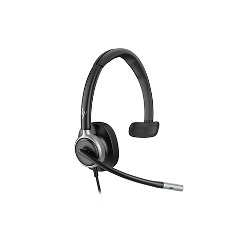 Ein schwarzes Headset mit silbernen Akzenten und Mikrofon. Der Bügel verläuft über dem Kopf, das Mikrofon ist flexibel.
