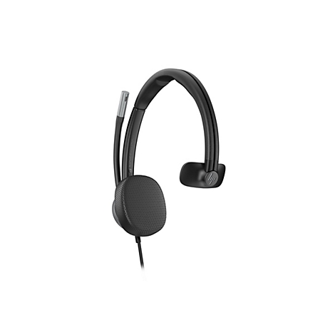 Ein schwarzes Headset auf weißem Hintergrund. Sichtbar sind ein Mikrofon, der Kopfhörerbügel und ein Lautsprecher. Auf der Seite des Bügels ist ein Firmenlogo.