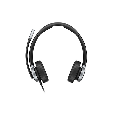 Schwarzes Headset mit silbernen Akzenten, Mikrophon und Ohrpolstern.