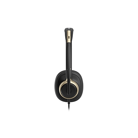 Seitenansicht eines schwarzen Headsets mit goldenen Akzenten vor weißem Hintergrund.
