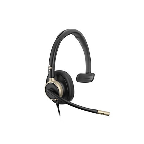 Schwarzes Headset mit goldenen Akzenten, Mikrofonarm und T-Pad Stabilisator auf weißem Hintergrund.