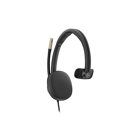 Schwarzes kabelgebundenes Headset mit Mikrofonarm und HP-Logo vor weißem Hintergrund.