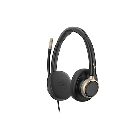 Schwarzes Headset mit goldenen Akzenten, gepolsterten Ohrmuscheln und einem hochklappbaren Mikrofonarm.