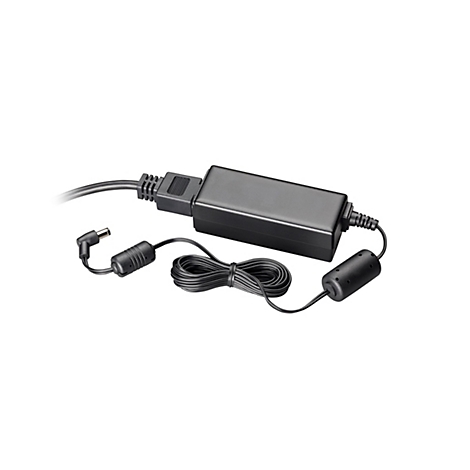 Ein schwarzes Netzteil mit Kabeln und einem Anschluss, vor weißem Hintergrund. Das Netzkabel ist aufgewickelt.