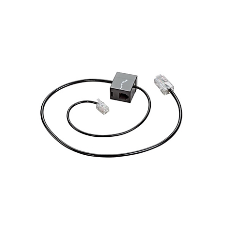 Ein schwarzes Telefonkabel-Zubehör, das an einem quadratischen, schwarzen Kasten mit einem Telefonhörer-Symbol angeschlossen ist. Ein Ende hat Stecker.