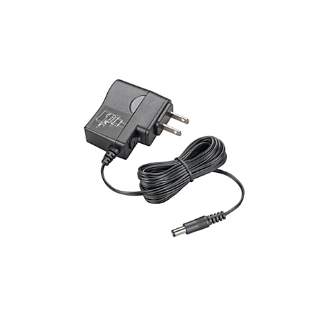 Schwarzes Netzteil mit Kabel und Stecker, auf weißem Hintergrund. Das Kabel ist aufgerollt. Auf dem Netzteil ist ein Piktogramm.