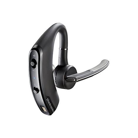 Schwarzes Bluetooth-Headset mit Ohrbügel und Bedienelementen, Marke Plantronics.