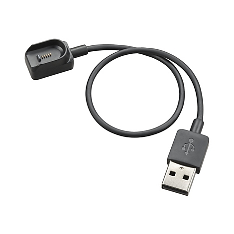 Ein schwarzes Ladekabel für eine Smartwatch. Am einen Ende ein USB-Stecker, am anderen eine runde Ladestation.