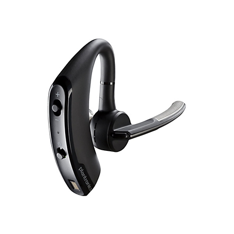 Schwarzes Bluetooth-Headset auf weißem Hintergrund, mit Lautstärke- und Funktionstasten.