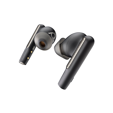 Zwei schwarze kabellose Ohrhörer mit grauen Silikonspitzen, freigestellt auf weißem Hintergrund.