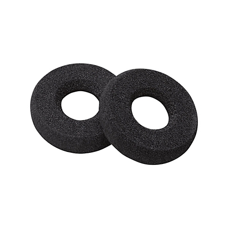 Zwei schwarze, runde Schaumstoffpolster für Kopfhörer mit Loch in der Mitte, vor weißem Hintergrund.