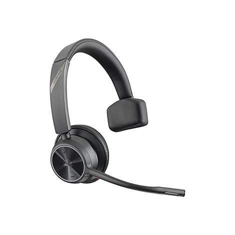 Schwarzes Poly Voyager 4310 Mono-Headset mit Kopfbügel und Mikrofonarm vor weißem Hintergrund.