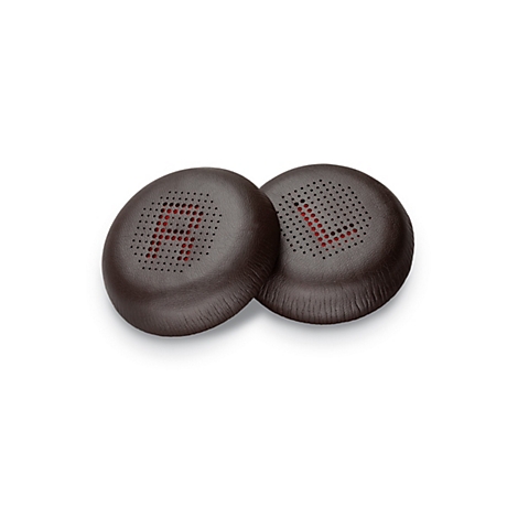 Zwei braune Kopfhörer-Ohrpolster, auf weißem Hintergrund. Die Innenseite ist rot und durchlöchert.