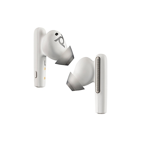 Zwei weiße kabellose Ohrhörer mit Silikonaufsätzen, auf weißem Hintergrund.