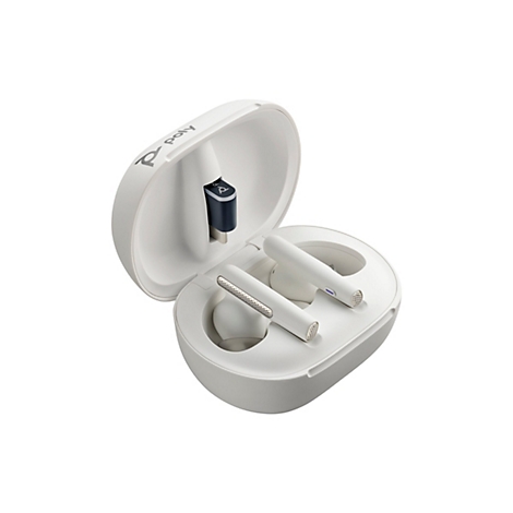 Hellgraue kabellose Ohrhörer mit Ladecase, USB-Adapter, weiße Oberfläche, Poly-Logo.