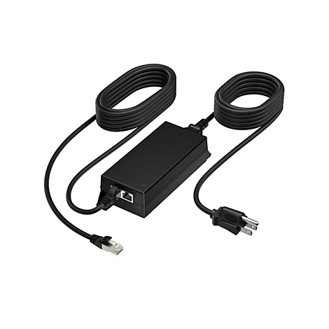 Ein schwarzes Netzteil mit Kabeln und Steckern, auf weißem Hintergrund. Das Netzteil hat einen Ethernet-Anschluss und einen Netzstecker.