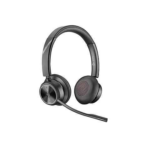 Drahtloses Headset in Grau und Schwarz mit rotem Gitter. Das Headset hat einen Mikrofonarm und einen Bügel mit der Aufschrift "SAVI 7320".