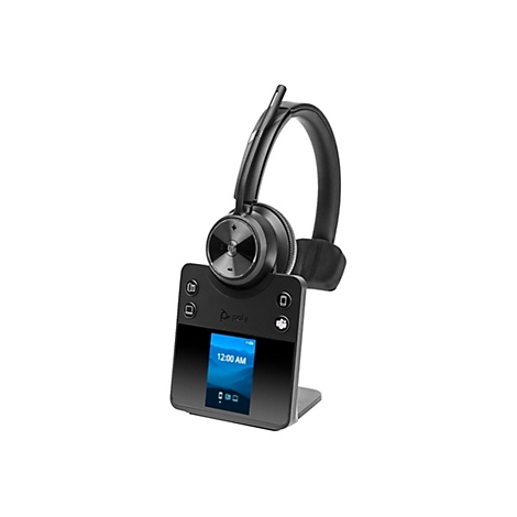 Schwarzes Headset mit Ladestation, darauf steht "12:00 AM".