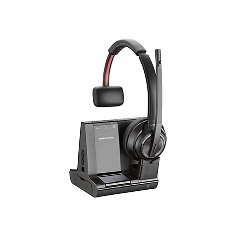 Drahtloses Headset mit Ladestation. Schwarzes Headset mit Ohrmuschel und Bügel, roter Akzent. Aufrecht stehende Ladestation, Logo "plantronics".