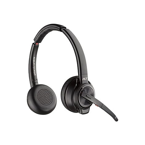 Schwarzes Plantronics-Headset, Detailaufnahme mit Mikrofon und Ohrpolstern.