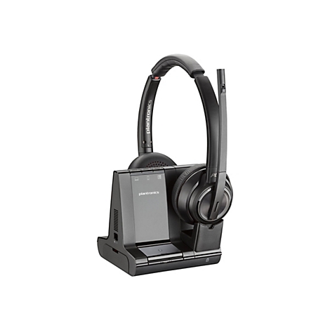 Schwarzes Plantronics-Headset mit Basisstation. Das Headset hat ein Mikrofon, eine Ohrmuschel und einen verstellbaren Kopfbügel.