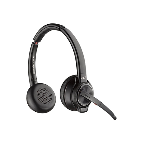 Schwarzes Plantronics-Headset mit Bügel und Mikrofon, Detailaufnahme vor weißem Hintergrund.