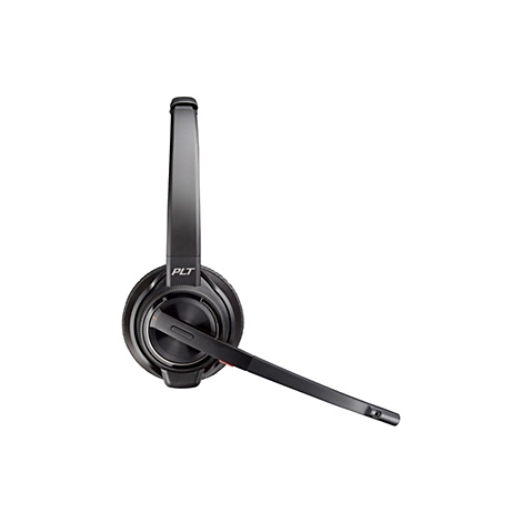 Schwarzes Plantronics-Headset mit Mikrofon auf weißem Hintergrund.