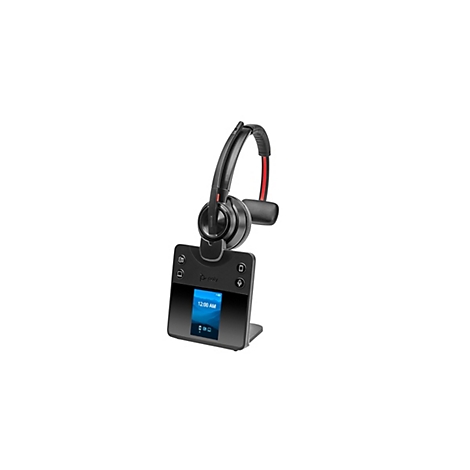 Schwarzes Poly Headset in einer Ladestation mit Display, das die Uhrzeit 12:00 AM anzeigt.