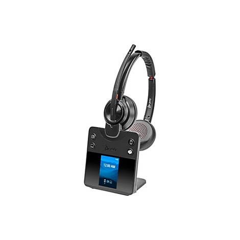 Schwarzes Poly-Headset mit Basisstation. Auf dem Display steht „12:00 AM“.