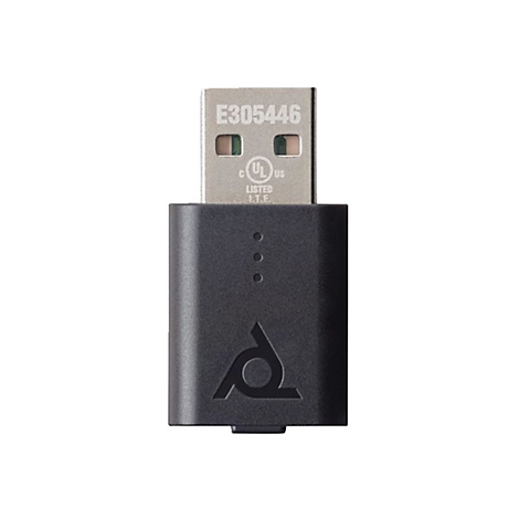 Schwarzer USB-Empfänger mit Logo und silbernem USB-Stecker. Aufdruck: E305446, UL-Siegel.