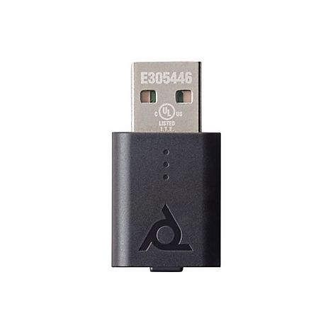 Ein schwarzer USB-Adapter mit drei kleinen Punkten und einem Logo auf der Vorderseite, USB-Stecker nach oben.