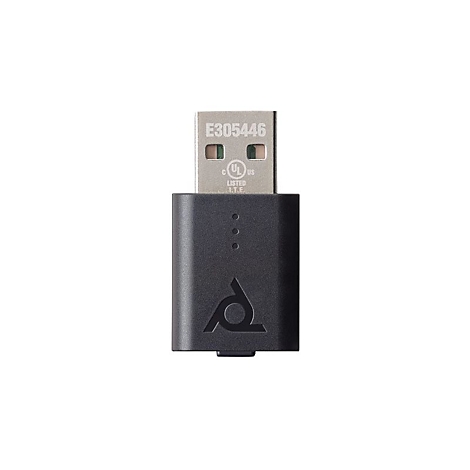 Ein schwarzer USB-Adapter mit Logo und Aufdrucken E305446 und cUL US LISTED I.T.E.