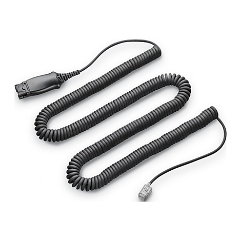 Schwarzes Spiralkabel mit zwei Steckern, vor weißem Hintergrund. Das Kabel windet sich in wellenförmigen Bögen.