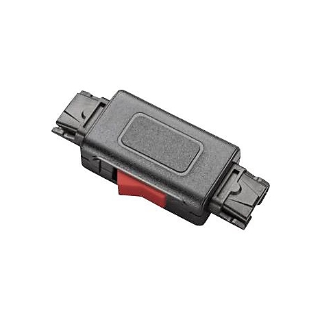 Ein schwarzes Kunststoffteil mit rotem Schalter. An den Enden befinden sich Anschlussmöglichkeiten. Der Hintergrund ist weiß.