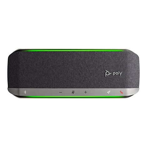 Un haut-parleur rectangulaire avec une housse en tissu et des bandes lumineuses vertes. Des boutons et le logo Poly sont visibles.