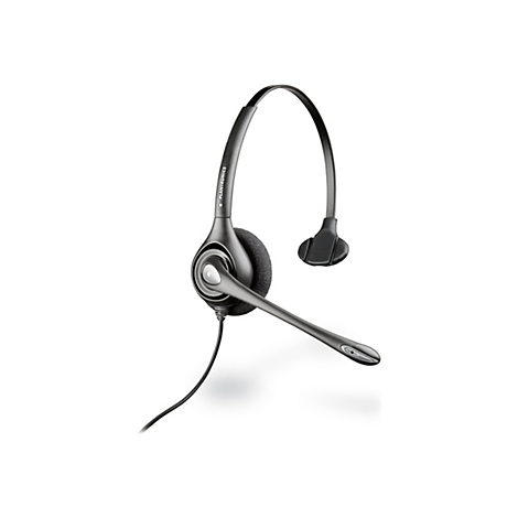 Ein graues Headset mit Mikrofon auf weißem Hintergrund. Der Bügel trägt den Schriftzug Plantronics.