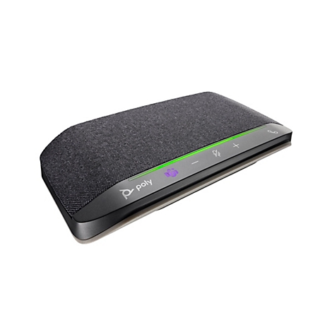 Ein graues, rechteckiges Poly-Konferenztelefon auf weißem Hintergrund. Oben befindet sich ein grau melierter Stoff. An der Vorderseite befinden sich grüne Kontrollleuchten, Tasten und das Teams-Logo.