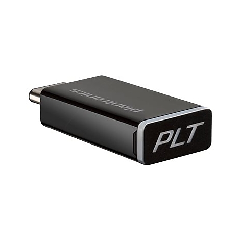 Schwarzer USB-Adapter mit „Plantronics“ und „PLT“-Logo. Rückseite mit Metall-USB-C-Anschluss.