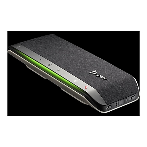 Drahtloses Poly-Konferenzsystem in Grau mit grüner Beleuchtung. Es hat Knöpfe für Lautstärke und Anrufannahme.