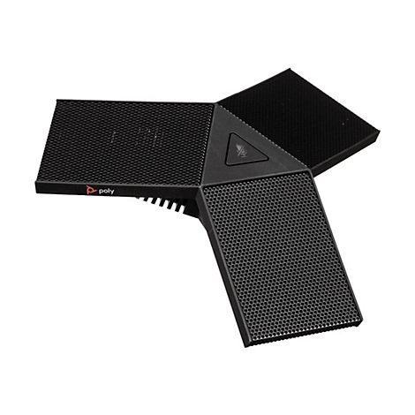 Schwarzes Poly-Konferenzmikrofon mit Poly-Logo. Dreieckige Form mit Mikrofon-Symbol.